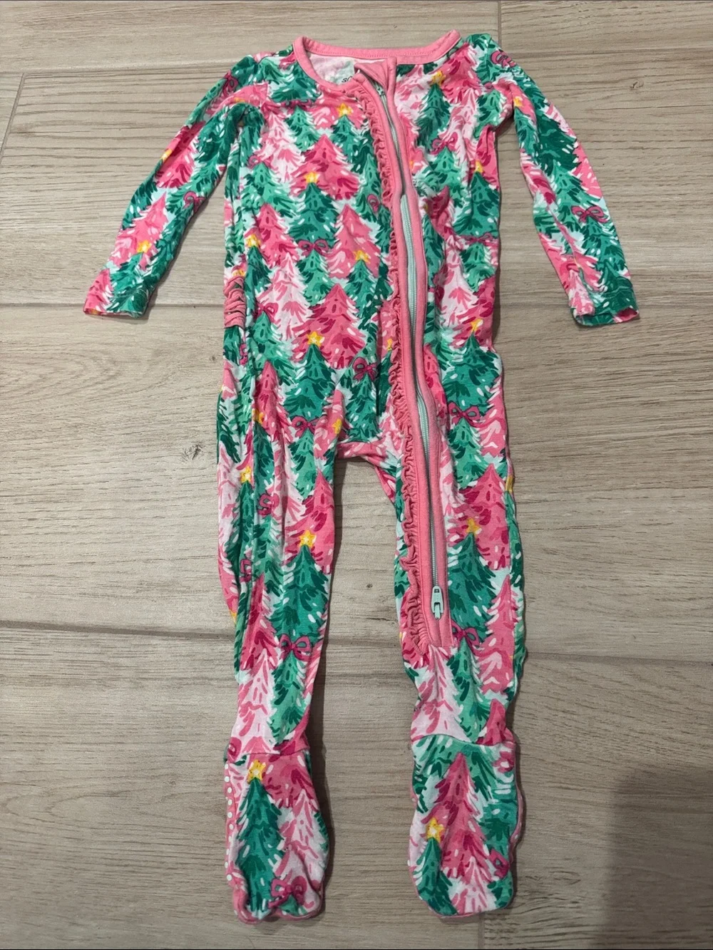 RuffleButts Ruffle One Piece Footie Pajama, Bamboo Viscose Pink Jolly Grove 6-12
